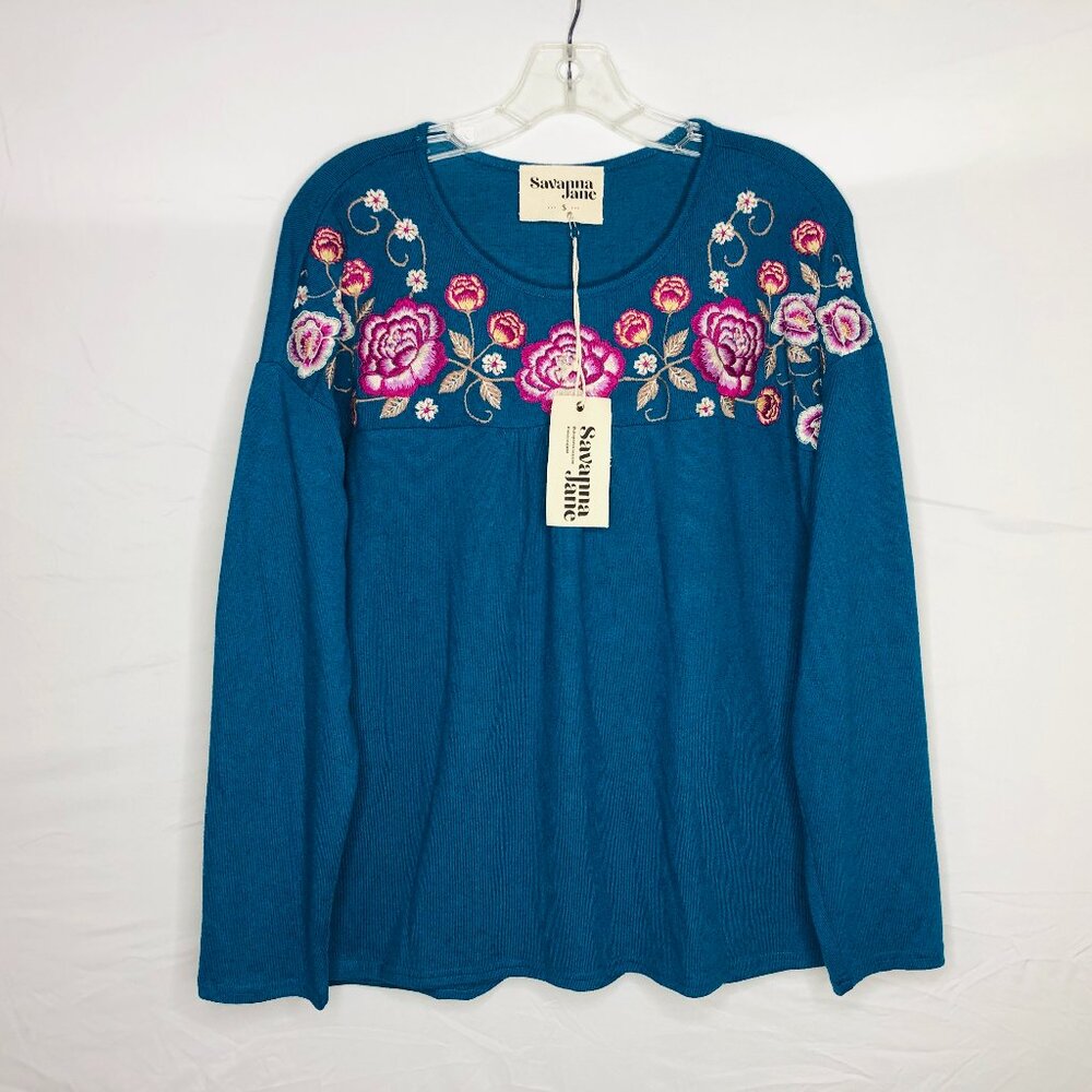 NEW Savanna Jane Women's Size Small Blue‎ Floral Embroidered Boho Sweater NWT